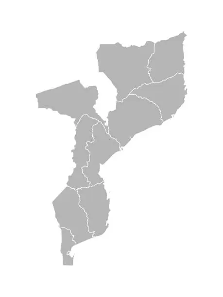 Vector illustration of Vector isolated illustration of simplified administrative map of Mozambique. Borders of the provinces (regions). Grey silhouettes. White outline