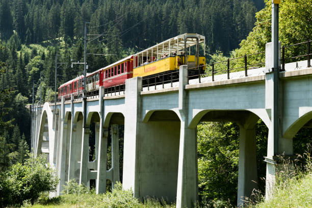 o trem estreito do calibre cruza um viaduto longo através de uma ravina profunda nos alpes suíços - rhätische bahn - fotografias e filmes do acervo