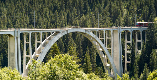 o trem estreito do calibre cruza um viaduto longo através de uma ravina profunda nos alpes suíços - rhätische bahn - fotografias e filmes do acervo