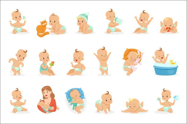 Vector illustration of Adorable Happy Baby And His Daily Routine Series Of Cute Cartoon Infancy And Infant Illustrations