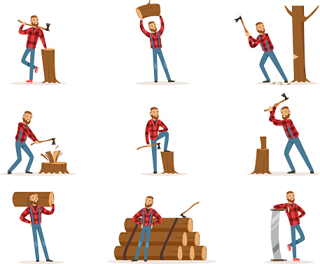 Classic American Lumberjack In Checkered Shirt Working Cutting And Chopping Wood With Cleaver And A Saw. Woodcutter Cartoon Character Working In Lumbering Set Of Work Scenes Vector Illustrations.