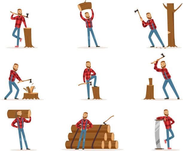 Classic American Lumberjack In Checkered Shirt Working Cutting And Chopping Wood With Cleaver And A Saw Classic American Lumberjack In Checkered Shirt Working Cutting And Chopping Wood With Cleaver And A Saw. Woodcutter Cartoon Character Working In Lumbering Set Of Work Scenes Vector Illustrations. lumberjack stock illustrations