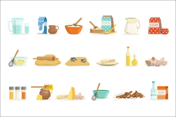 backen zutaten und küchenwerkzeuge und utensilien set von realistischen cartoon vektor illustrationen mit kochen verwandte objekte - plätzchen backen stock-grafiken, -clipart, -cartoons und -symbole