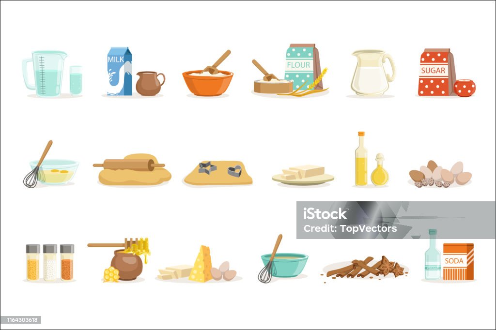 Ingredienti di cottura e utensili da cucina e utensili set di realistiche illustrazioni vettoriali di cartoni animati con la cottura di oggetti correlati - arte vettoriale royalty-free di Cuocere al forno