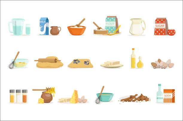 Baking Ingredients And Kitchen Tools And Utensils Set Of Realistic Cartoon Vector Illustrations With Cooking Related Objects Baking Ingredients And Kitchen Tools And Utensils Set Of Realistic Cartoon Vector Illustrations With Cooking Related Objects. Kitchen Equipment And Farm Fresh Products For Bakery Needs Series Of Colorful Icons. rolling dough stock illustrations