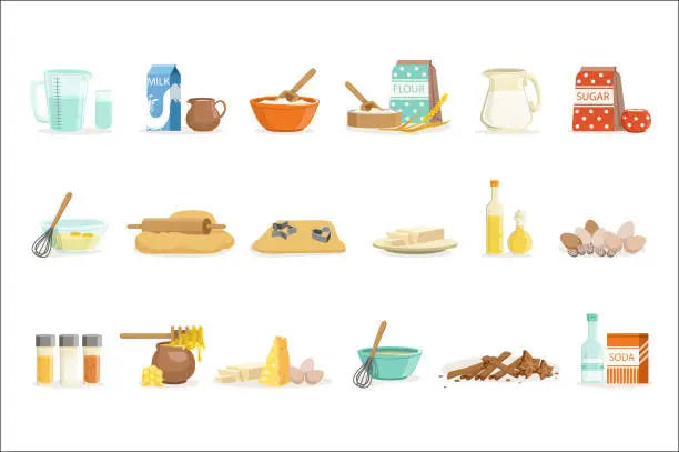 Vector illustration of Baking Ingredients And Kitchen Tools And Utensils Set Of Realistic Cartoon Vector Illustrations With Cooking Related Objects