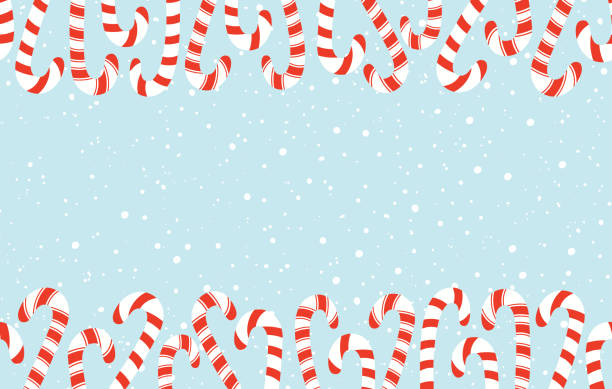 czerwony i biały święta boże narodzenie i nowy rok cukierki laski i płatki śniegu horizontal vector bez szwu granicy - candy cane illustrations stock illustrations