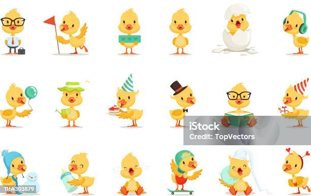작은 노란색 오리 병아리 다른 감정과 귀여운 이모티콘 그림의 상황 세트 오리-물새에 대한 스톡 벡터 아트 및 기타 이미지 - 오리-물새, 오리 새끼, 귀여운