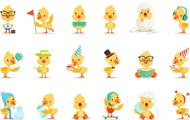 Vector illustration of Little Yellow Duck Chick Different Emotions And Situations Set Of Cute Emoji Illustrations