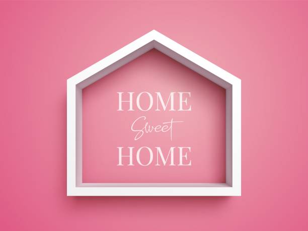 White frame in shape of house on pink background White frame in shape of house on pink background with inscription "Home Sweet Home". Real estate symbol house borders stock illustrations