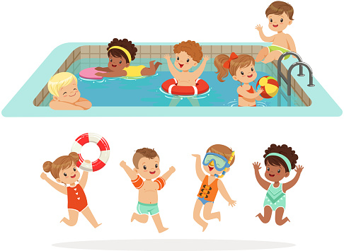 Small Children Having Fun In Water Of The Pool With Floats And Inflatable  Toys In Colorful Swimsuit Set Of Happy Cute Cartoon Characters Stock  Illustration - Download Image Now - iStock