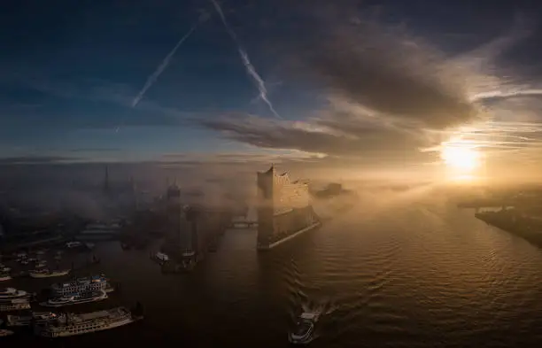 Sunrise in the harbour of Hamburg