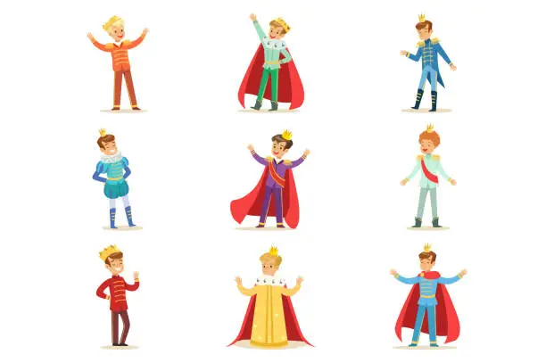 Vector illustration of Little Boys In Prince Costume With Crown And Mantle Set Of Cute Kids Dressed As Royals Illustrations