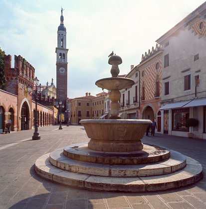 Thiene, Vicenza, Italy - Piazza Chilesotti with Fountain and the Serlio' bell tower