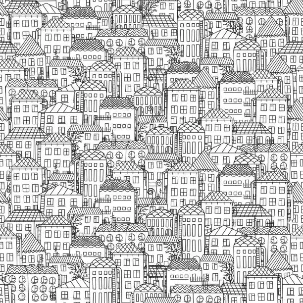 Vector illustration of Seamless small town landscape print. Vector monochrome illustration on light background. Original urban pattern.