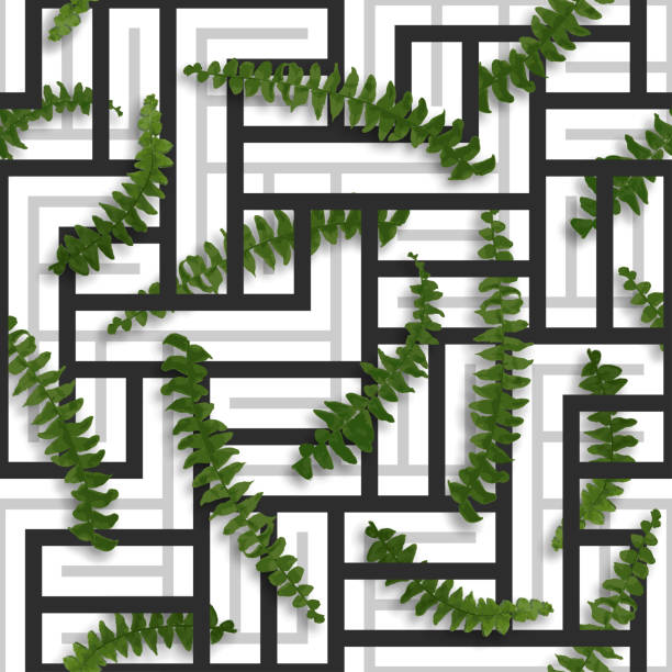 Seamless tropical pattern with fern leaves. Exotic geometric black and grey design. Floral vector background Seamless botanical pattern with fern leaves. Exotic geometric black and grey design. Floral vector background polypodiaceae stock illustrations
