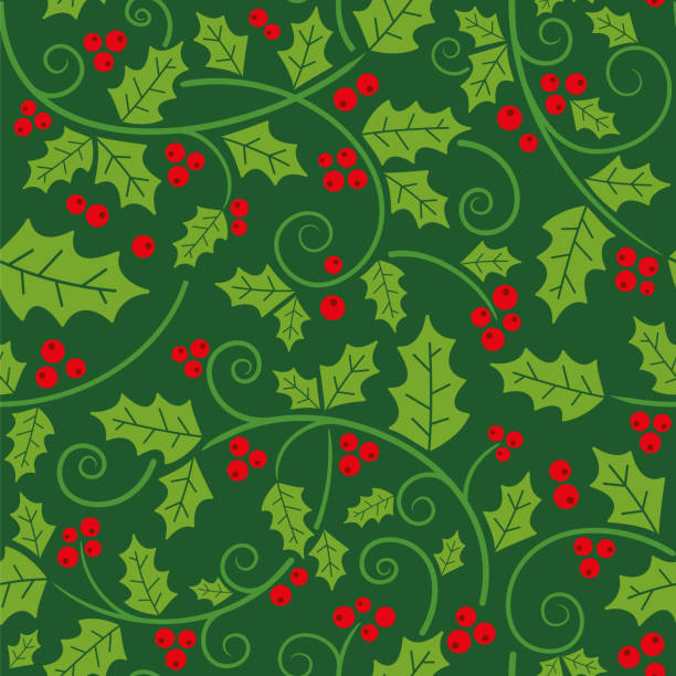 ilustraciones, imágenes clip art, dibujos animados e iconos de stock de viñas de acebo navideño y patrón sin costuras de hojas. - pattern christmas paper seamless christmas