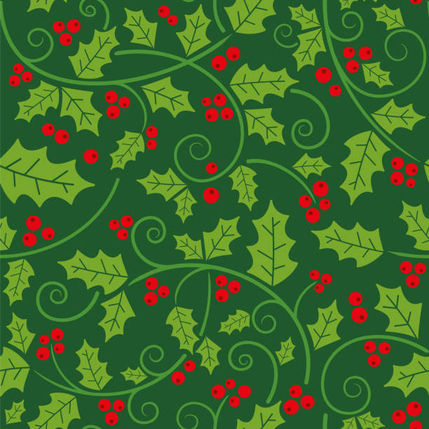 クリスマスのホリーブドウと葉のシームレスなパターン。 - christmas holly backgrounds pattern点のイラスト素材／クリップアート素材／マンガ素材／アイコン素材