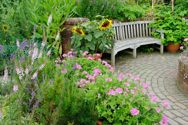 ガーデン パティオ エリア - formal garden garden path bench flower ストックフォトと画像