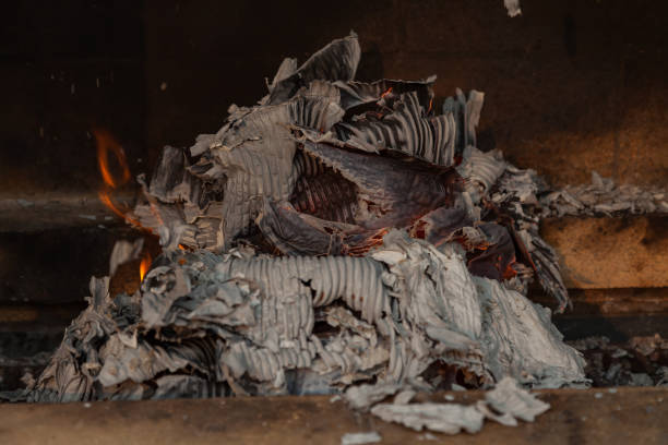 Close-up on gray ash from burnt paper in a fire