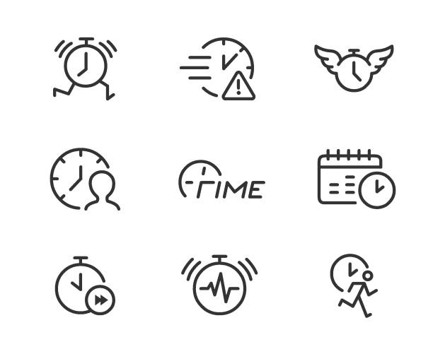 ilustraciones, imágenes clip art, dibujos animados e iconos de stock de iconos de línea de tensión de tiempo. - time flies