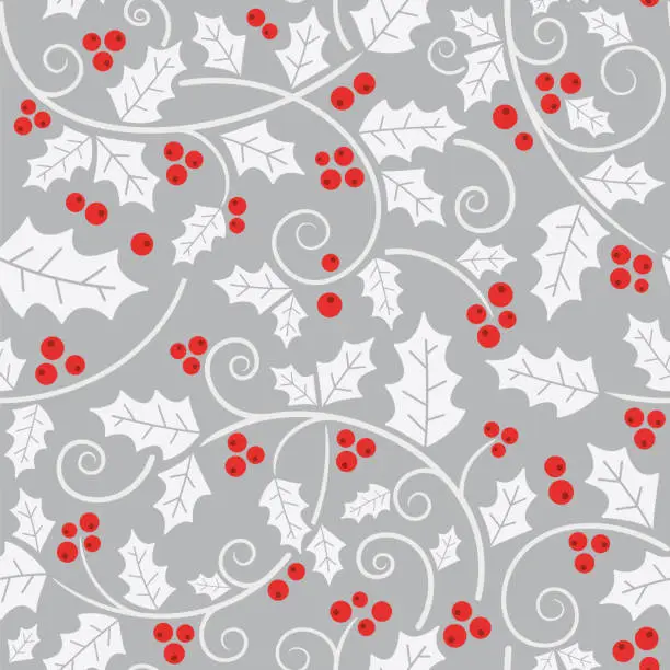 Vector illustration of Christmas holly vines and leaf seamless pattern.