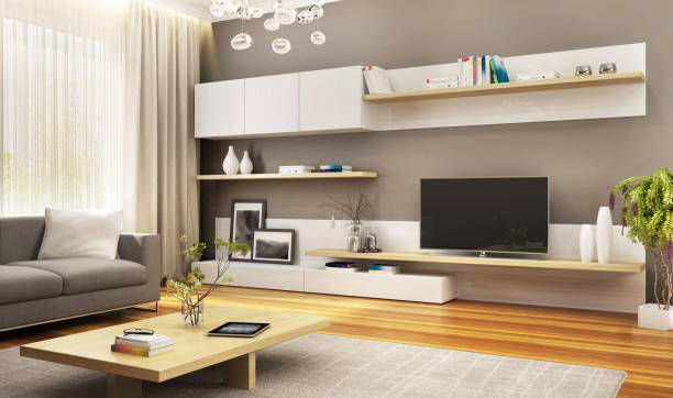 cabinet de télévision moderne dans le salon de luxe - tv wall unit photos et images de collection