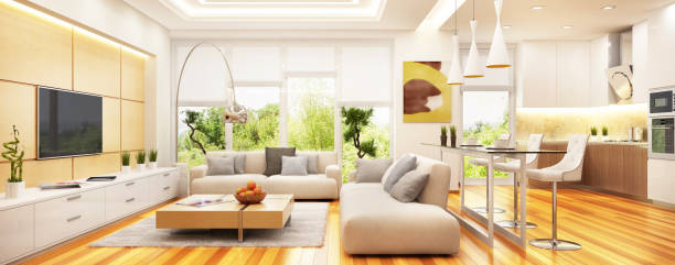 istock Luxurious modern living room with kitchen in one space 1164315074