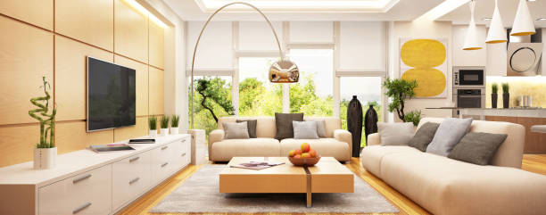 istock Luxurious modern living room with kitchen in one space 1164315081