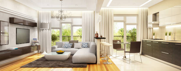 istock Modern living room with kitchen in one space 1164315110