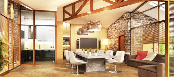 Large country house with kitchen and living room interior design Country house with kitchen and living room interior design modern cottage interior design stock pictures, royalty-free photos & images