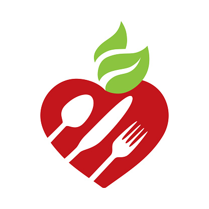 knife, fork and spun inside red heart with green leaves