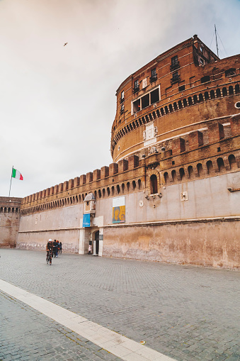 Rome, Italy - April 3, 2019: Exterior view of Castel Sant'Angelo, rotunda shaped medieval castle along the Tiber River in Rome, Italy.