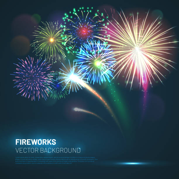 ilustrações de stock, clip art, desenhos animados e ícones de realistic fireworks explosions with shining sparks - independence spark fire flame