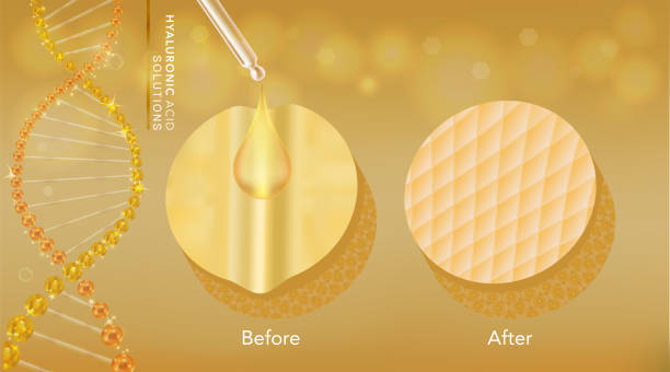 istock Hyaluronic acid before and after skin solutions ad, gold collagen serum drop with cosmetic advertising background ready to use. 1164320180