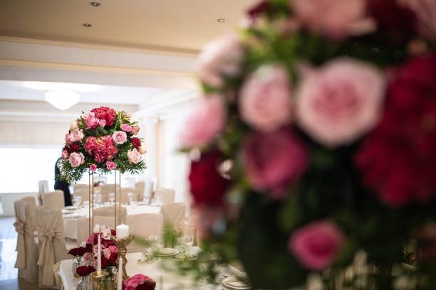 istock Beautiful roses on table in luxury restaurant 1164324069