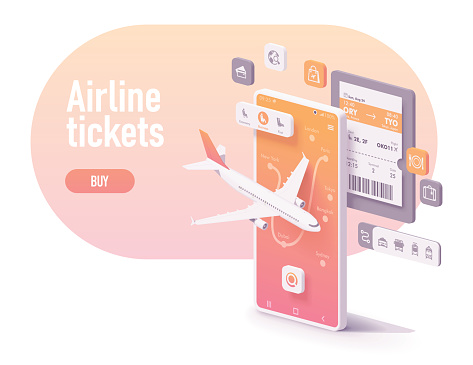 Vector booking or buying airline tickets app concept. Smartphone with airplane, airports map, electronic or digital airline ticket, icons with services