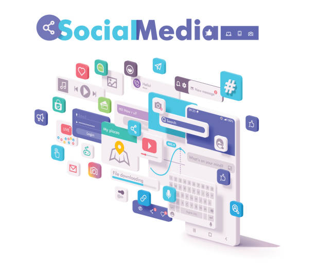 Vector mobile social media apps Vector mobile social media, social networking apps concept. Smartphone with screens, video and photo sharing, blogging, communication, marketing and social network commerce social media infographics stock illustrations