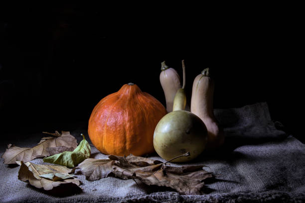 istock Still life on a black background. Multi Colored pumpkins lying on dry leaves and sackcloth 1164339415