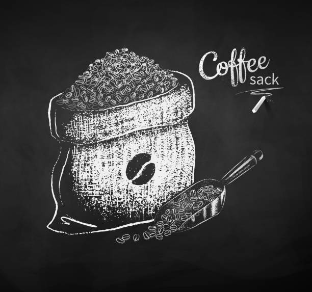 ilustraciones, imágenes clip art, dibujos animados e iconos de stock de conjunto de sacos de tiza con granos de café - coffee bean coffee crop heap backgrounds