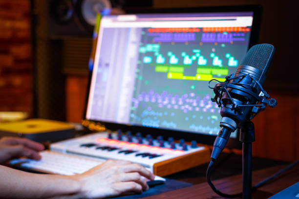 istock condenser microphone in music production. recording concept 1164341191