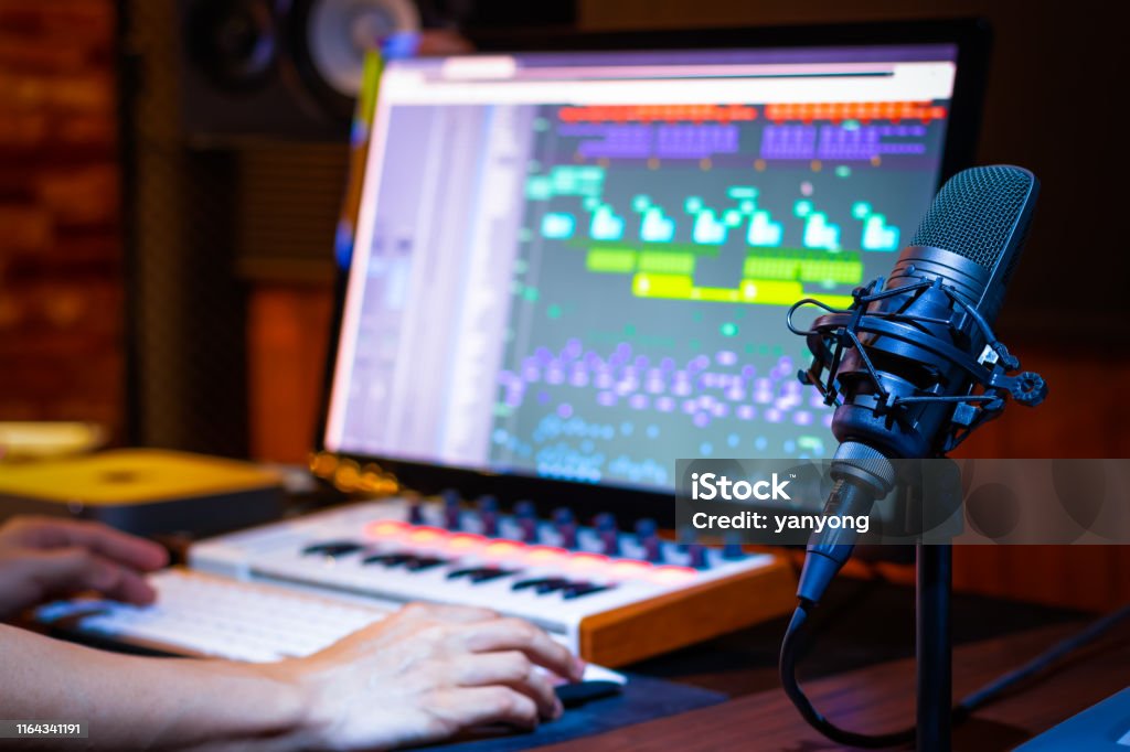 condenser microphone in music production. recording concept Music Stock Photo