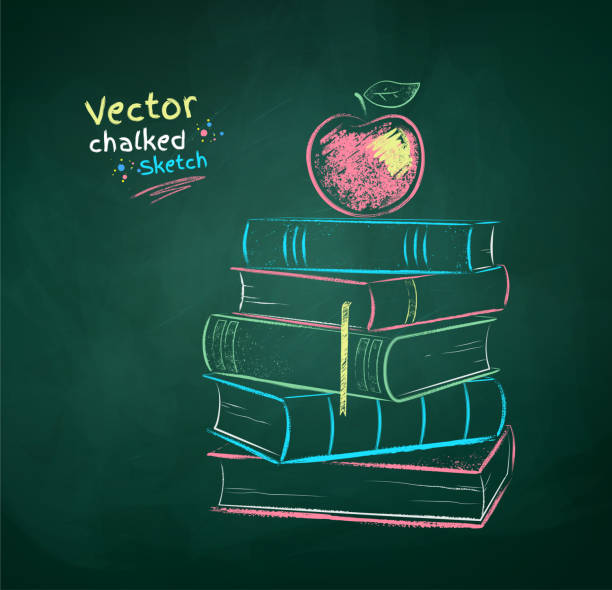 kredowa narysowana ilustracja jabłka na książkach - back to school blackboard education apple stock illustrations
