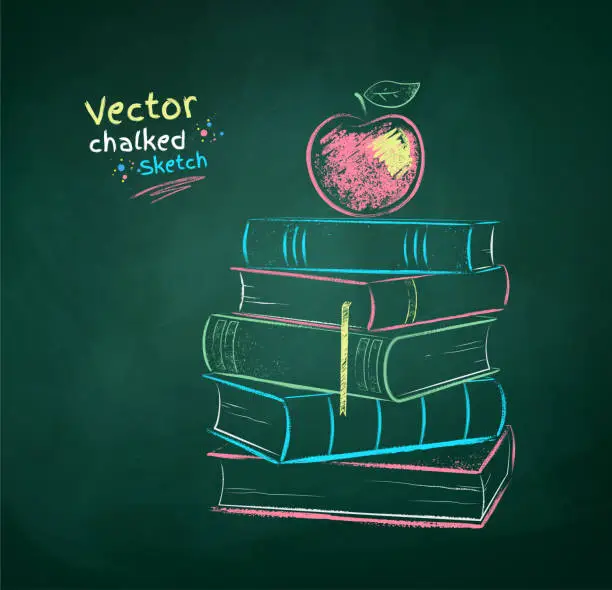 Vector illustration of Chalk drawn illustration of apple on books