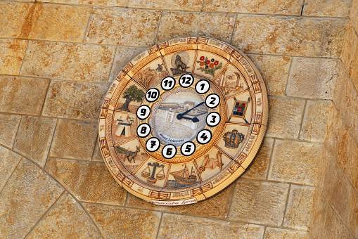 Old clock face shows time signs zodiac on western wall city Jerusalem.