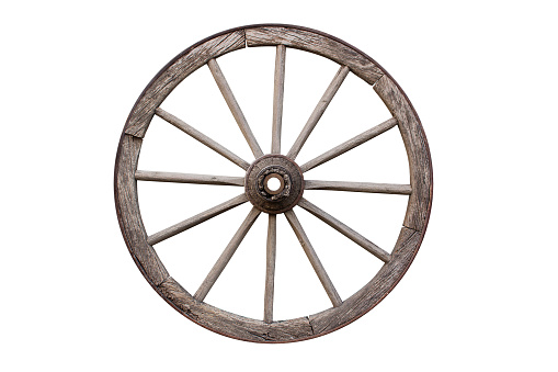 Carriage Wooden Wheel. Cartwheel All Weathered and Rusty Isolated On White Background