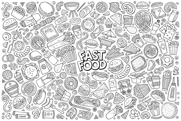 Vector set of Fast food objects and symbols Line art vector hand drawn doodle cartoon set of fastfood objects and symbols fast food stock illustrations