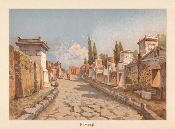 illustrazioni stock, clip art, cartoni animati e icone di tendenza di veduta storica di pompei, italia, cromotiografo, pubblicato nel 1892 - napoli