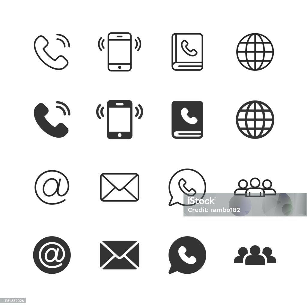 Contact Us Glyph and Line Icons. Editable Stroke. Pixel Perfect. For Mobile and Web. Contains such icons as Phone, Smartphone, Globe, E-mail, Support. 16 Contact Us Glyph and Line Icons. Icon stock vector