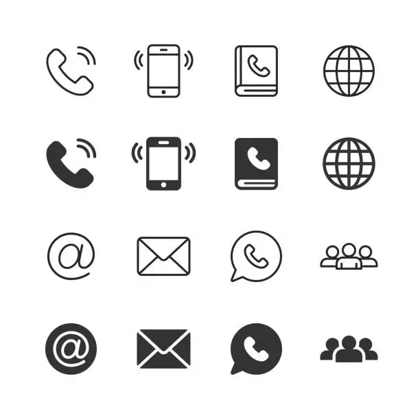 Vector illustration of Contact Us Glyph and Line Icons. Editable Stroke. Pixel Perfect. For Mobile and Web. Contains such icons as Phone, Smartphone, Globe, E-mail, Support.